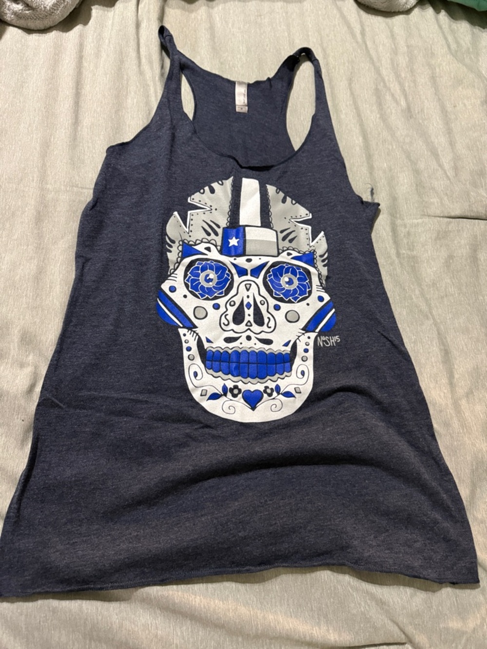 Navy Graphic Skull Racerback Tank with Blue & White Print